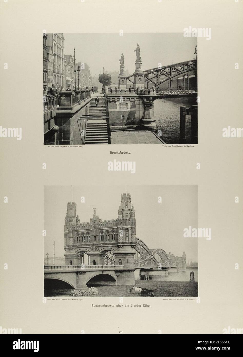 Brooks-Brücke "und" Straßenbrücke über die Norder-Elbe "aus dem Ordner" Neue malerische Bilder aus der Freien und Hansestadt Hamburg und ihrer Umgebung". Staatliche Bildungsstätte Hamburg, Sammlung der Fotografiegeschichte Stockfoto