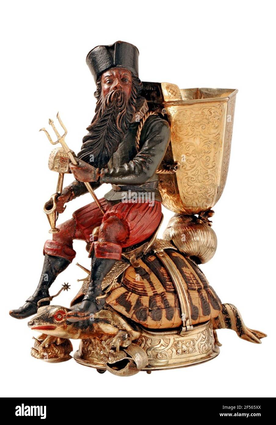 Trink-Spielautomat mit Neptun Reiten als Winzer auf einer Schildkröte. Der Trinkspielautomat ist ein Highlight der Unterhaltungstechnik der deutschen Spätrenaissance. Der Herzog von Württemberg vergab das einzigartige Kunstkammerstück 1631 einer Hochzeit. Es war viel mehr als nur Spielzeug für die Wiederbelebung der geselligen Umgebung. Dieses Wunder der Mechanik fuhr auf versteckten Rädern über die Tischplatte und kam automatisch zum Stillstand am Rand der Tafel. Der höfische Gast, vor dem die einziehbare Schildkröte anhielt, musste den Kreisverkehr in die Hand des Winzers und f wenden Stockfoto