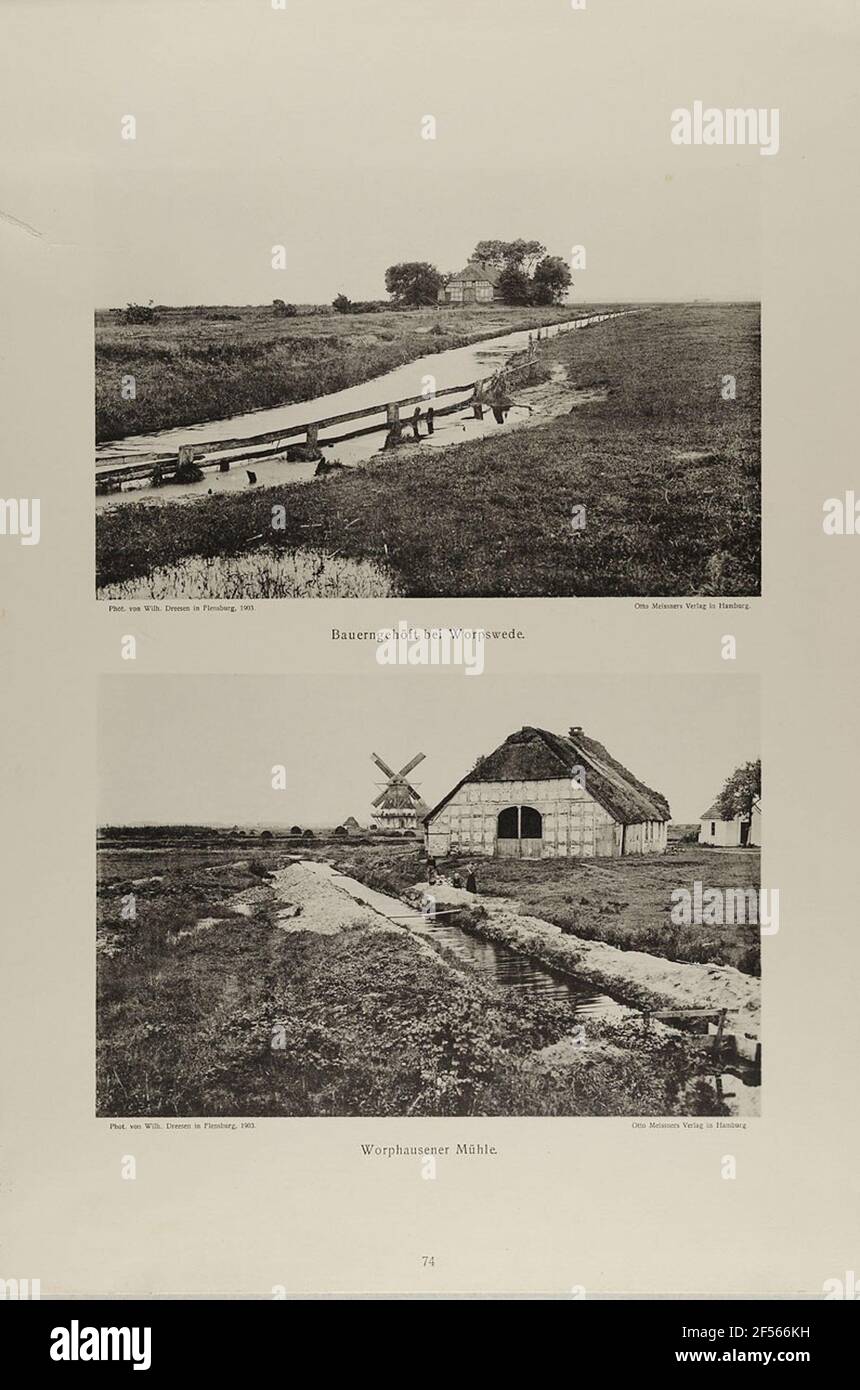Bauernwärme in Worpswede und Worpshauser Mühle. Tabelle 74 von den Wanderungen des Wanderwerks durch Heide und Moor zwischen Elbe, Etteln, all und Weser. '. Landesansicht Hamburg, Sammlung der Fotografiegeschichte Stockfoto