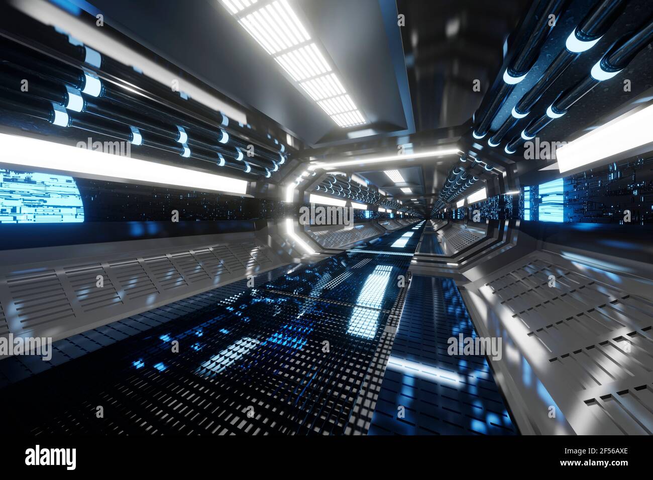Dreidimensionale Darstellung des futuristischen Korridors im Raumschiff oder in der Raumstation Stockfoto