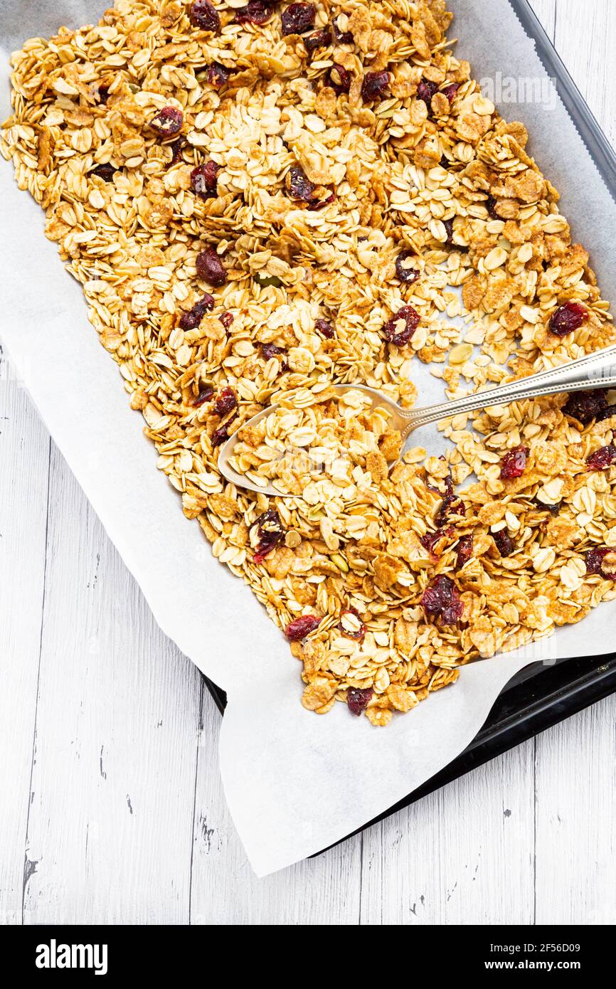 Hausgemachtes Müsli mit Preiselbeeren, Kürbiskernen und Haferflocken aus Vollkorn Stockfoto