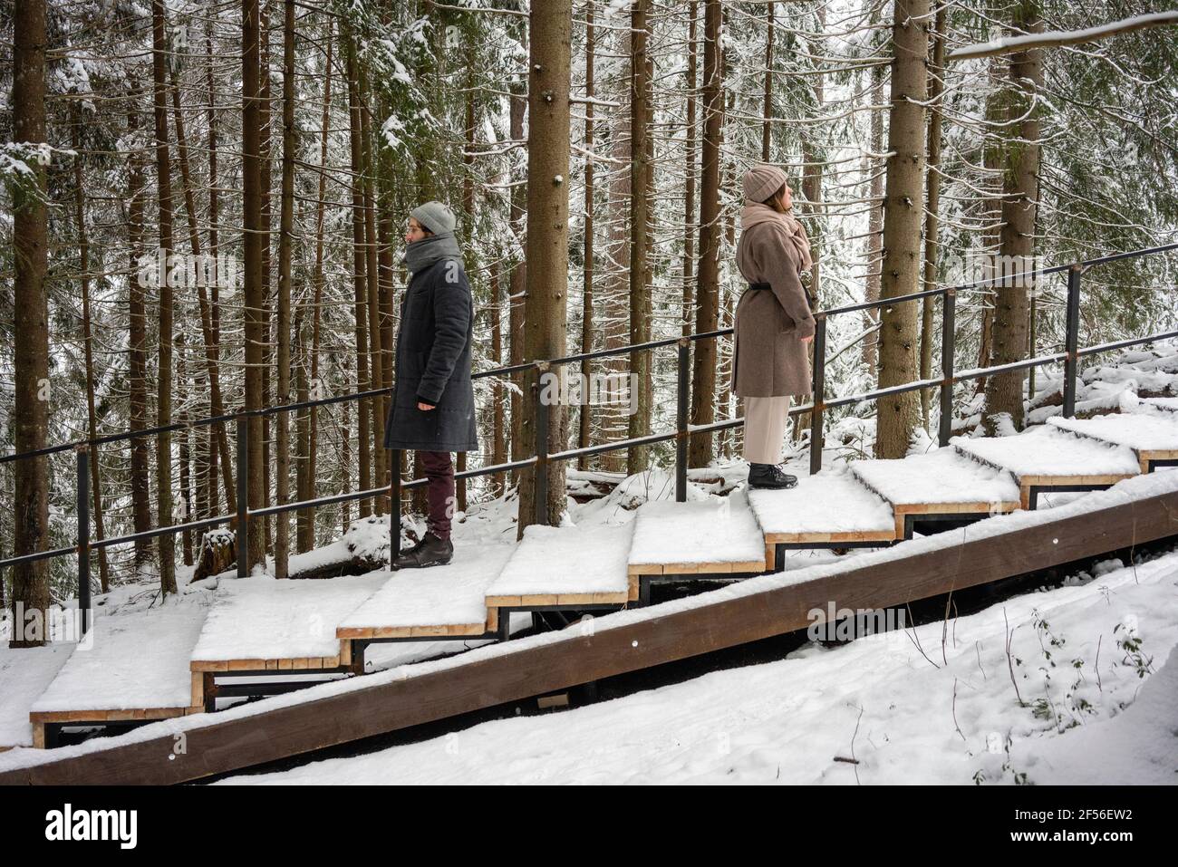 Paar stehen mit Abstand auf Stufen im Wald Stockfoto