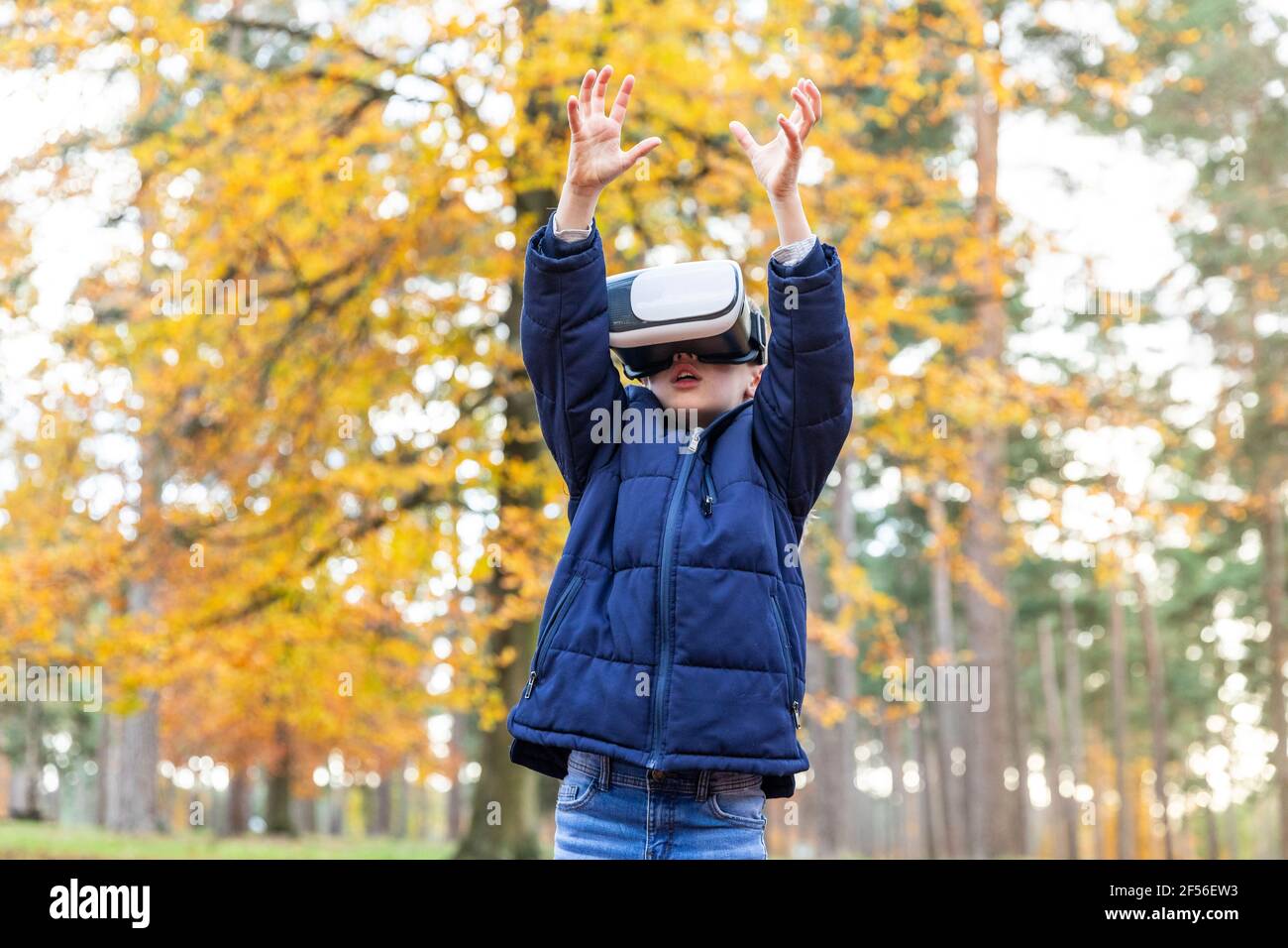 Junge mit Virtual-Reality-Simulator Whiles stehen mit erhobener Hand Im Wald Stockfoto