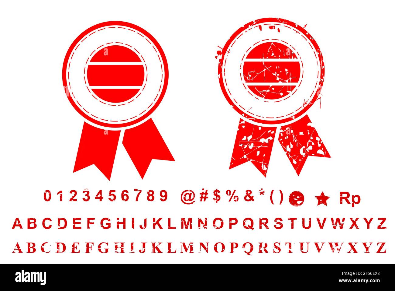 Vorlage 2 verschiedene Art Blank Roter Rost Kreis mit Bandstempel, Nummer, Alphabet, Sonderzeichen und Währung, isoliert auf Weiß Stock Vektor