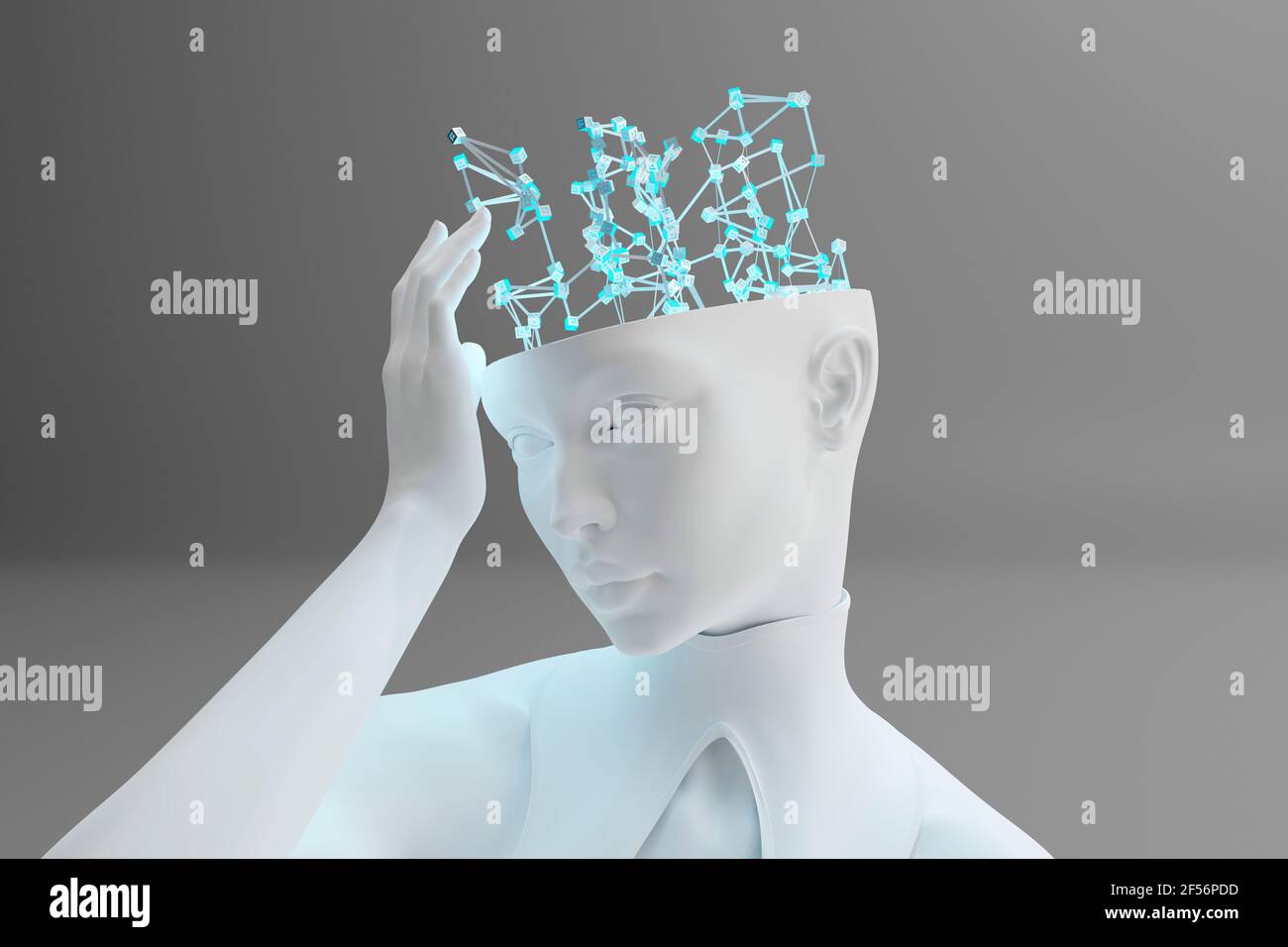 Dreidimensionales Rendern von Gynoiden, die das digitale Gehirn berühren und maschinelles Lernen darstellen Künstliche Intelligenz Stockfoto
