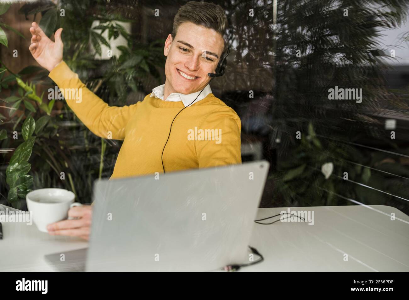 Lächelnder, männlicher Profi während der Videokonferenz Stockfoto
