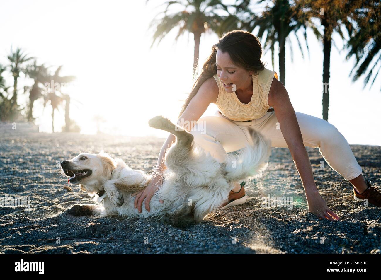 Frau mit Hund, die sich an sonnigen Tagen im Sand amüsieren Am Wochenende Stockfoto