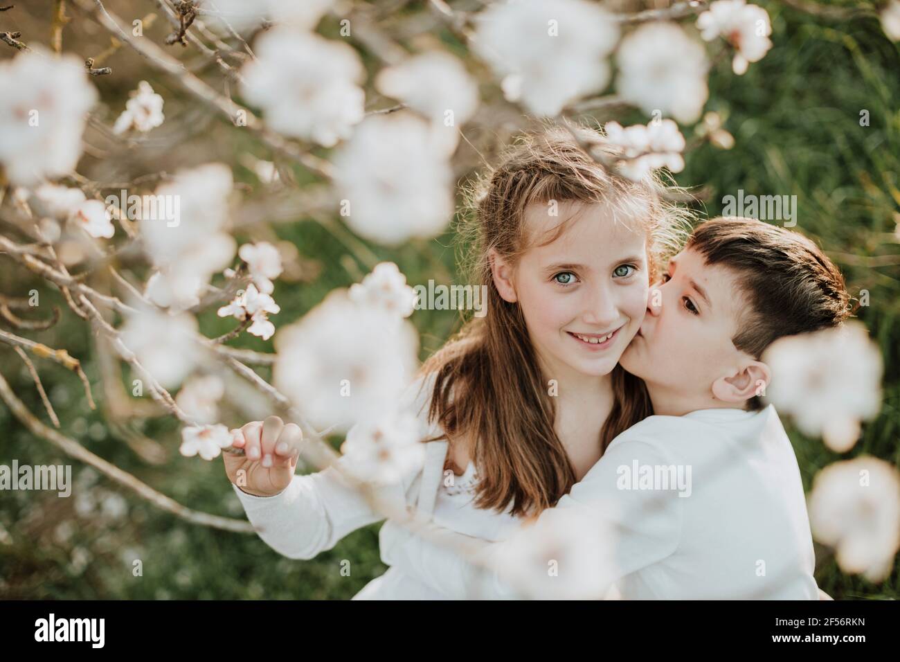 Unschuldiges Mädchen mit Händen auf Wangen, die neben Mandelblüten stehen Stockfoto