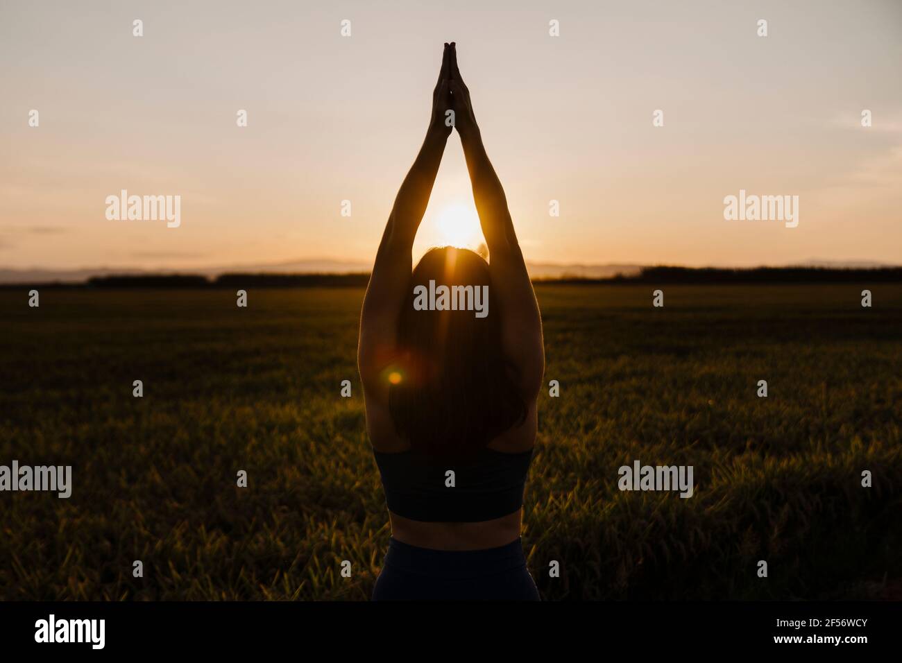 Frau, die Yoga in der Natur praktiziert Stockfoto
