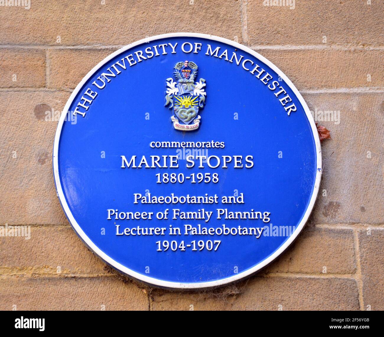 Eine blaue Gedenktafel in Manchester, großbritannien, zur Erinnerung an Marie Stopes, Paläobotanistin und Absolventin der Universität von Manchester Stockfoto