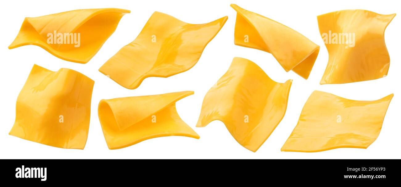 Scheiben verarbeiteter Käse auf weißem Hintergrund isoliert Stockfoto
