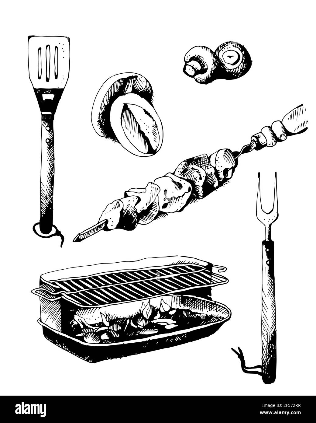 Set von bbq-Objekte, Skizze graviert Stil, Vektor-Illustration Stock Vektor