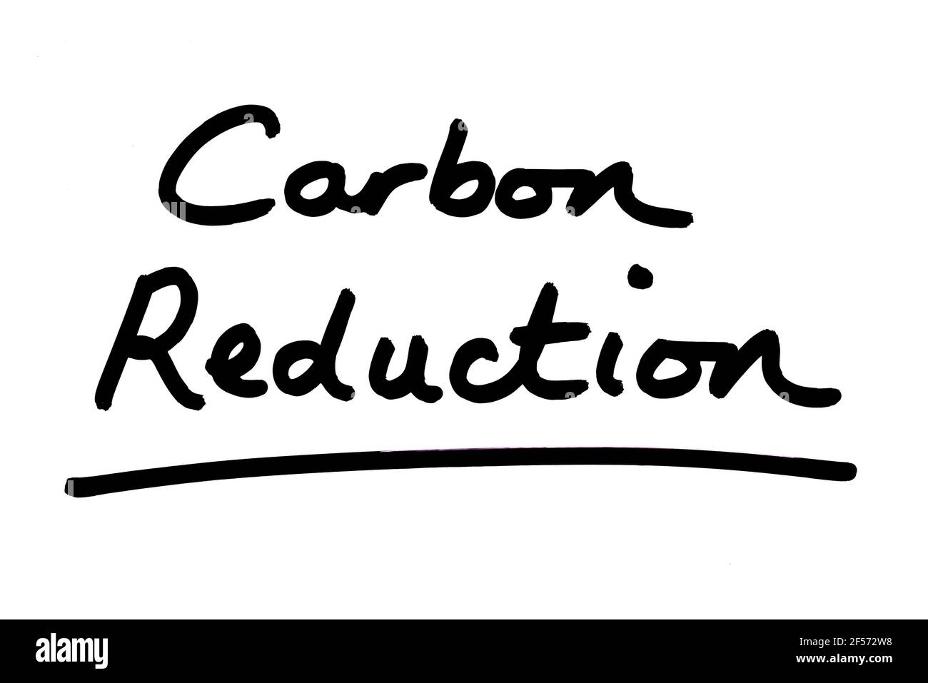 CO2-Reduktion, handgeschrieben auf weißem Hintergrund. Stockfoto