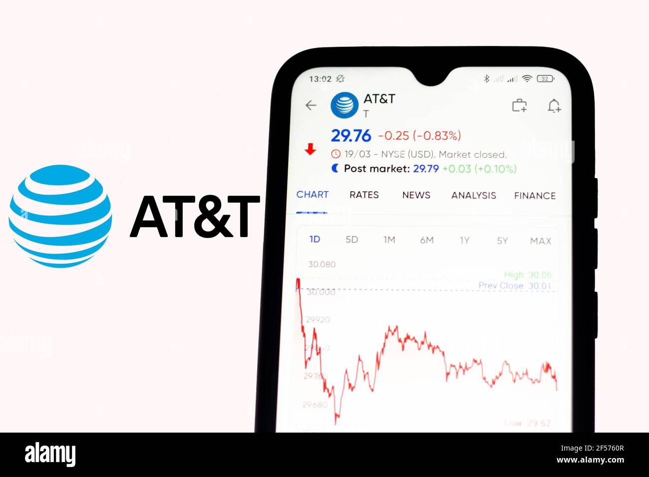 Brasilien. März 2021, 21st. In dieser Abbildung werden die Börseninformationen der AT&T Corporation auf einem Smartphone mit dem AT&T Corporation Logo im Hintergrund angezeigt. Kredit: Rafael Henrique/SOPA Images/ZUMA Wire/Alamy Live Nachrichten Stockfoto