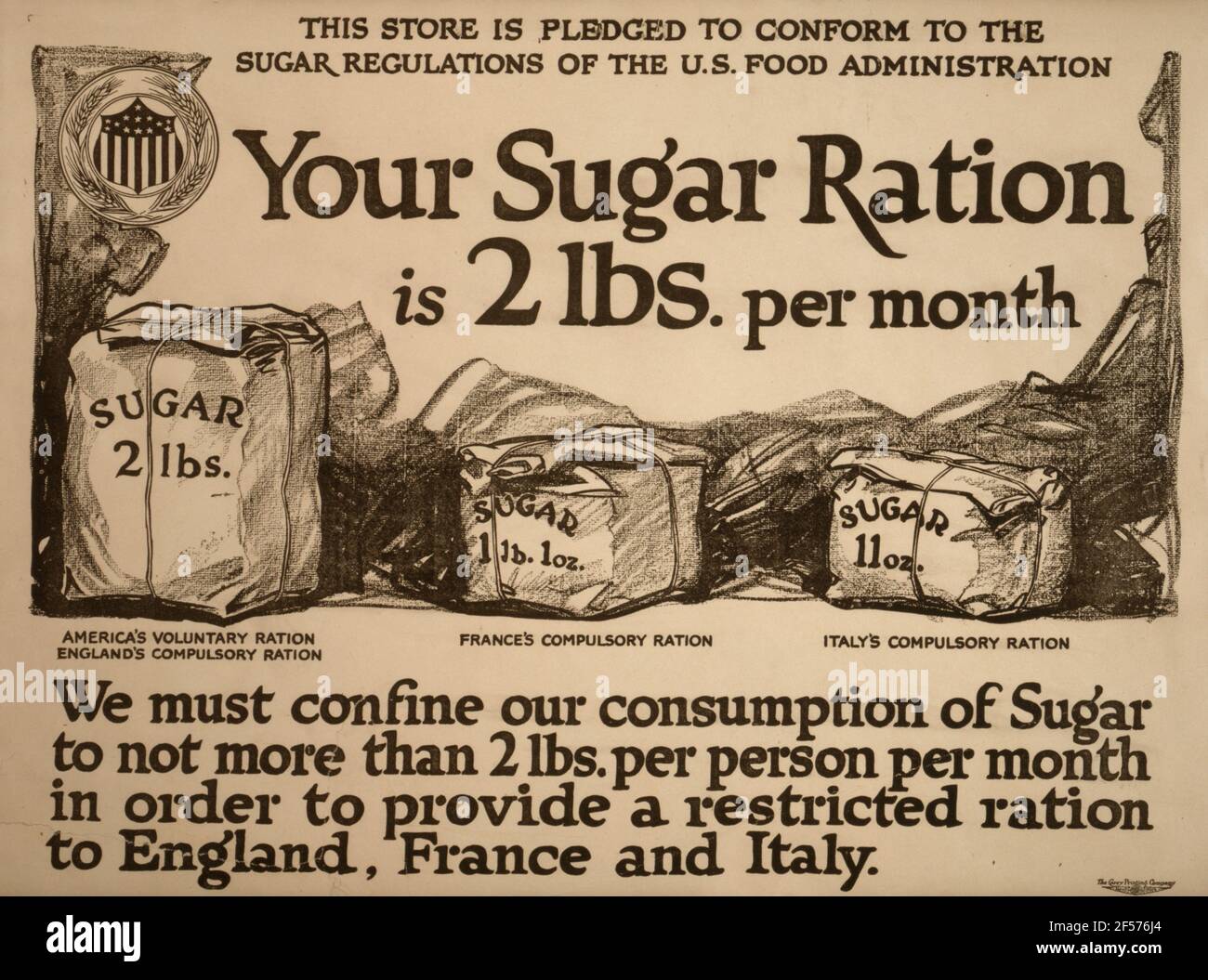 Ein amerikanisches Plakat zum ersten Weltkrieg für die Rationierung von Zucker Stockfoto