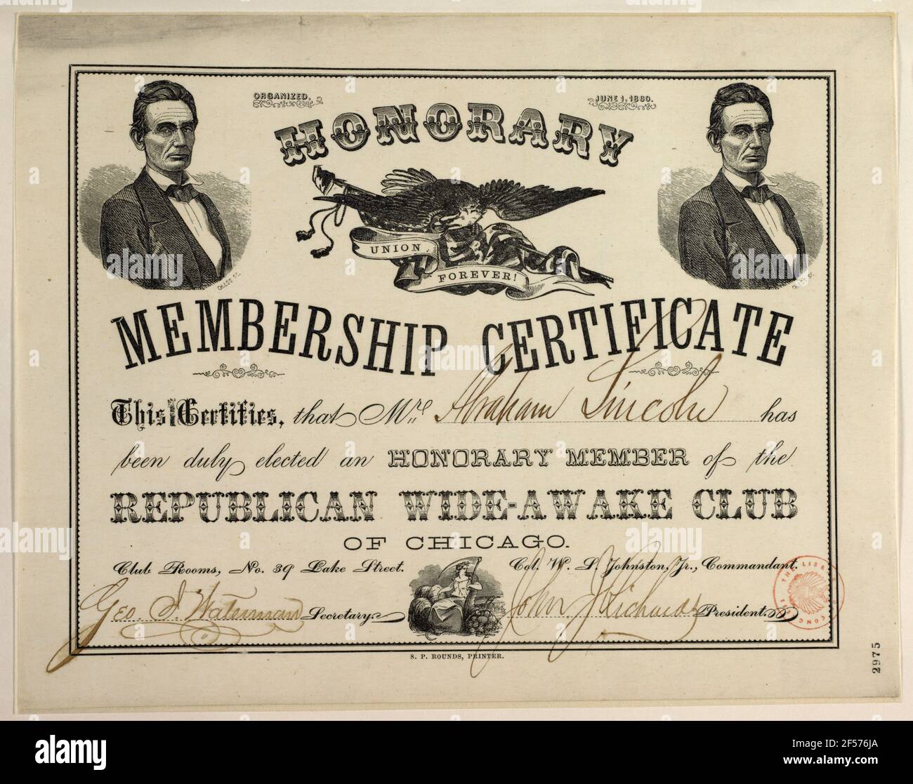 Eine Ehrenmitgliedschaftsurkunde für den Republikanischen Wide Awake Club Gegeben an Abraham Lincoln Stockfoto