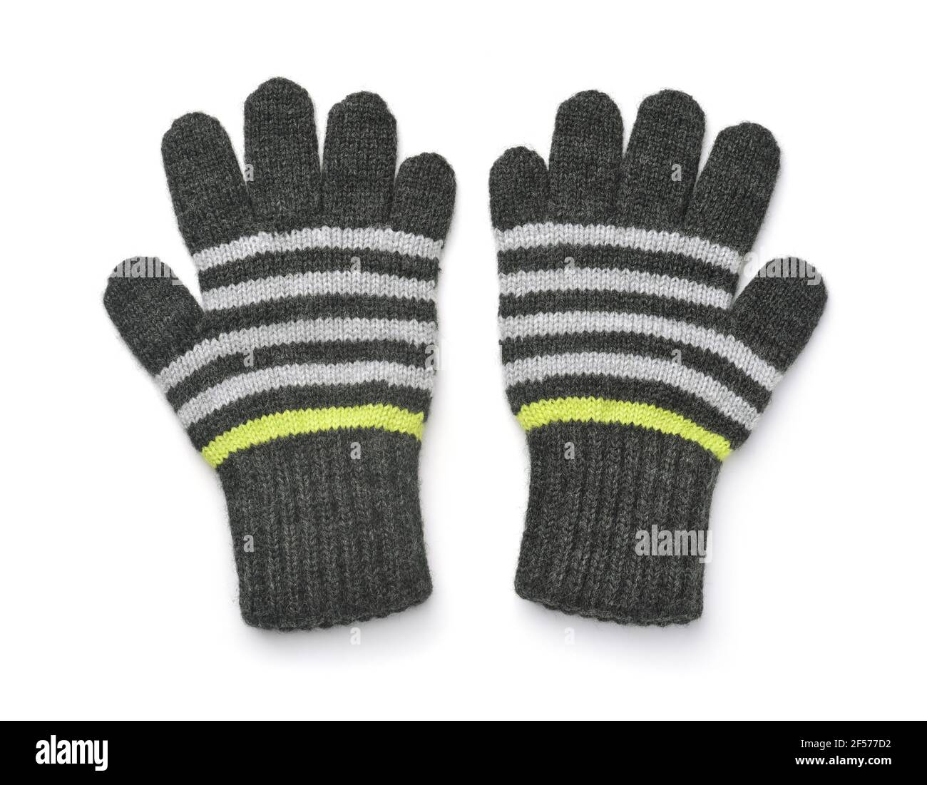 Draufsicht auf zwei warme Wollgestrickte Handschuhe isoliert Weiß Stockfoto