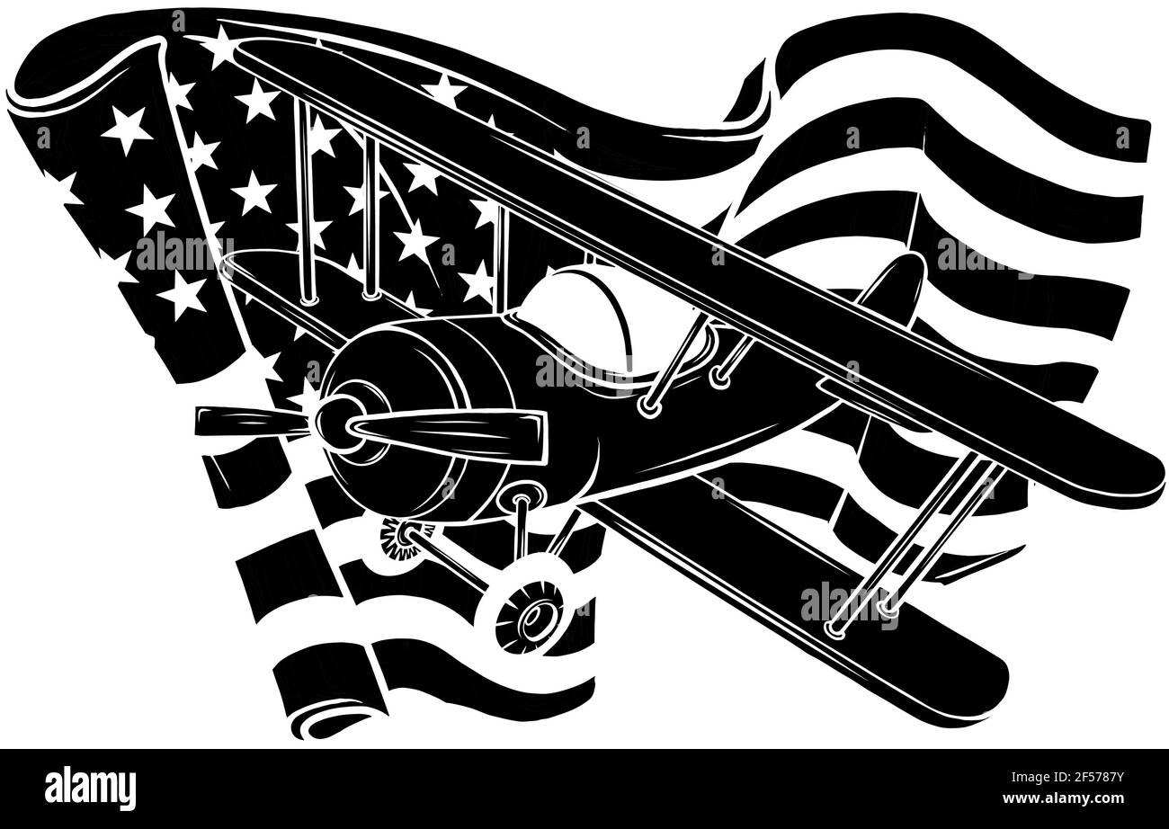 Schwarze Silhouette der amerikanischen Flagge mit Flugzeug Vektor Illustration Design Stock Vektor