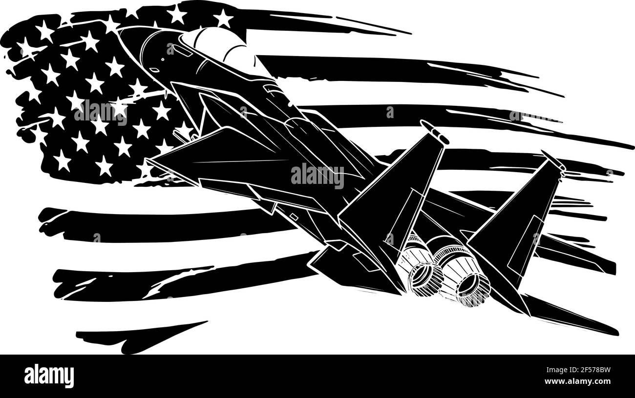 Schwarze Silhouette von militärischen Kampfjets mit amerikanischer Flagge. Vektorgrafik Stock Vektor