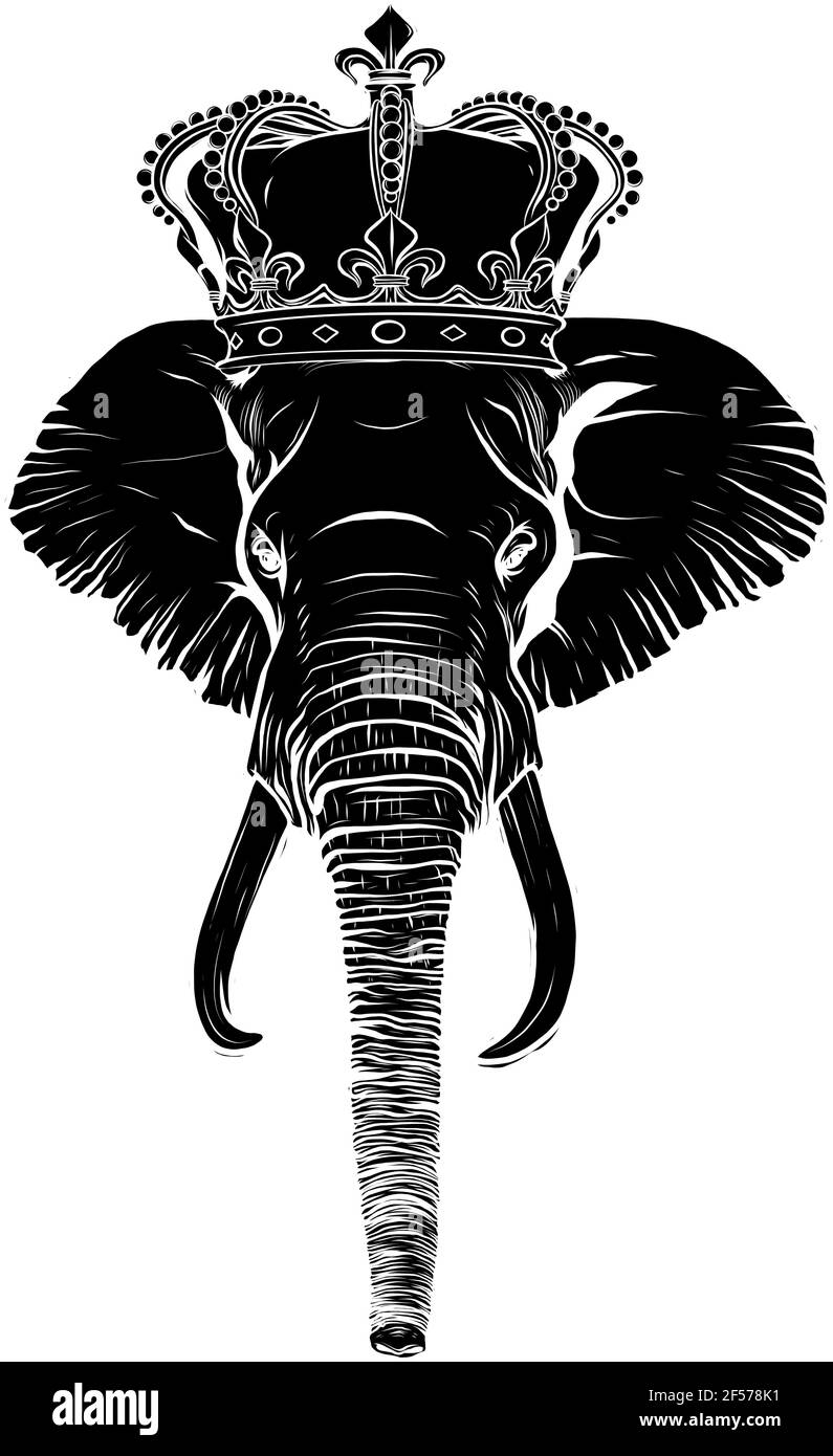 Schwarze Silhouette von Kopf Elefant mit Krone Vektor Illustration Stock Vektor