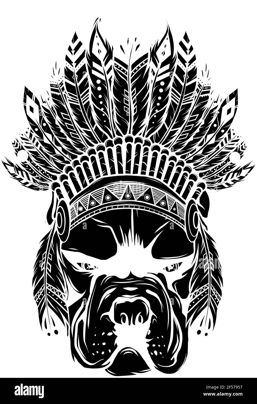 Schwarze Silhouette von Pitbull Hund Kopf mit indischen Hut, Vektor-Illustration Stock Vektor