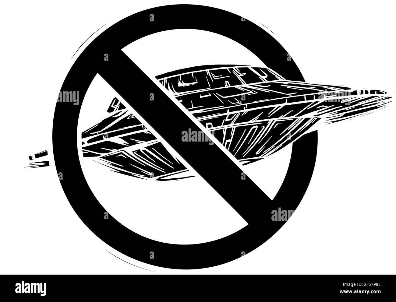 Schwarze Silhouette des Raumschiffs mit Symbol der Ban Vektor-Illustration Stock Vektor
