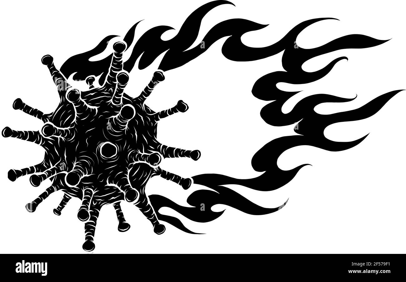 Schwarze Silhouette von Corona Virus auf Feuer Vektor Illustration Design Stock Vektor