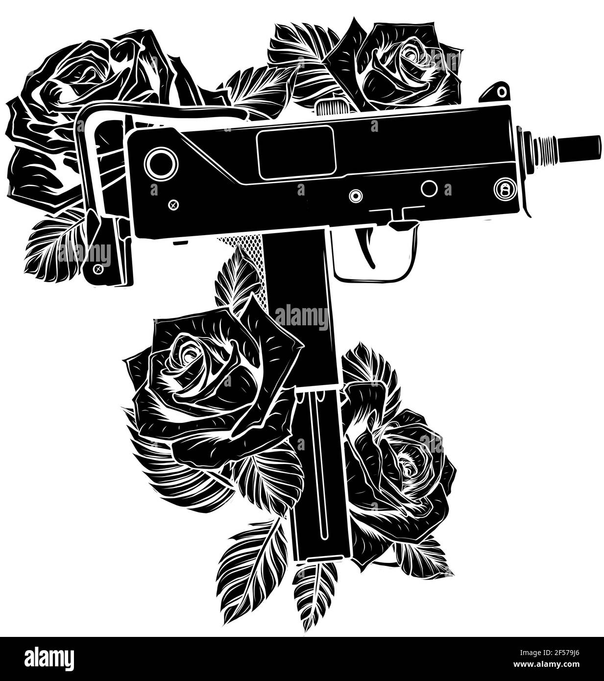Schwarze Silhouette von Waffen Uzi mit Rosen Vektor Illustration Stock Vektor