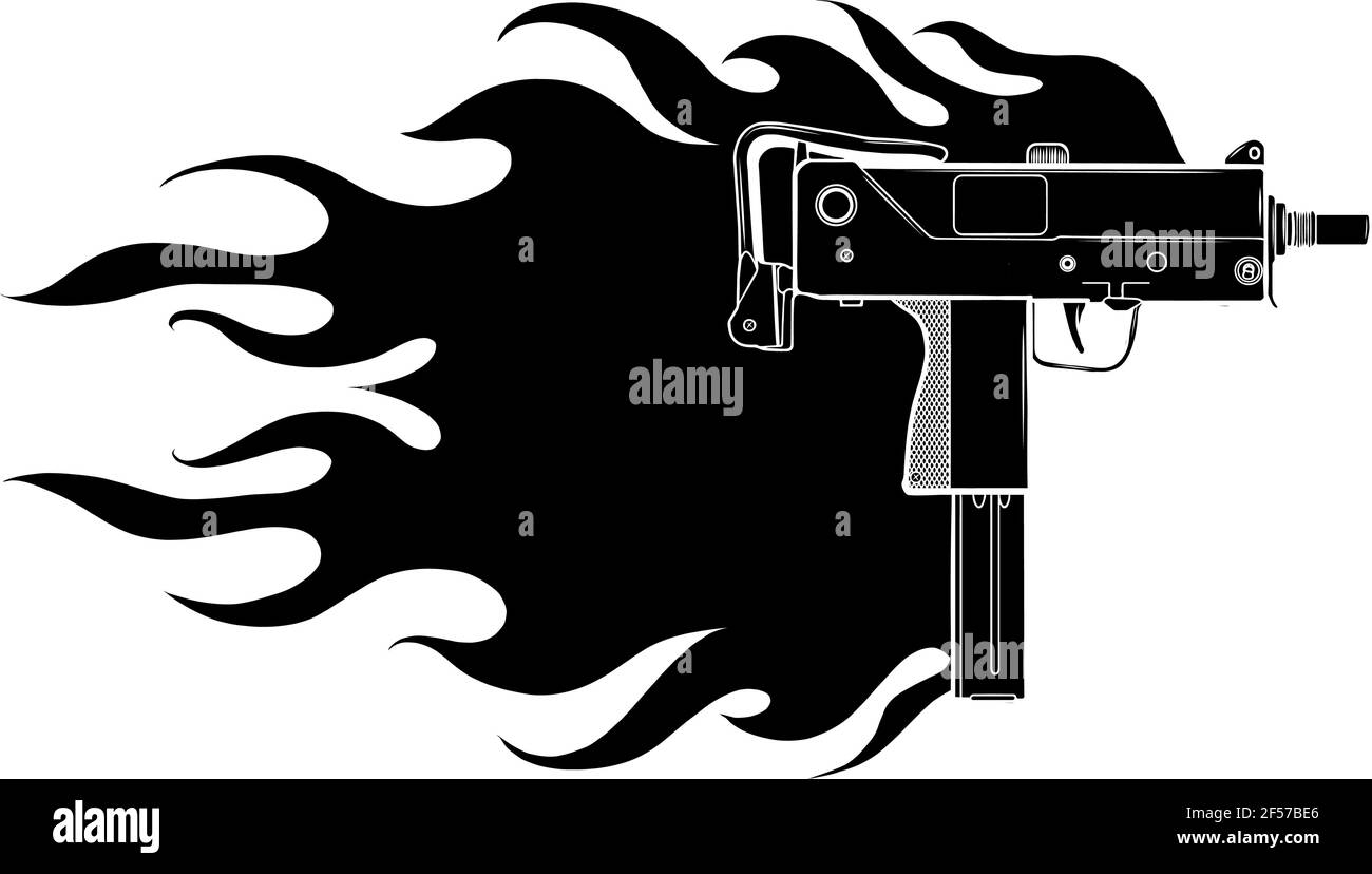 Schwarze Silhouette des Vektors Illustration einer Uzi-Pistole mit Flammen Stock Vektor