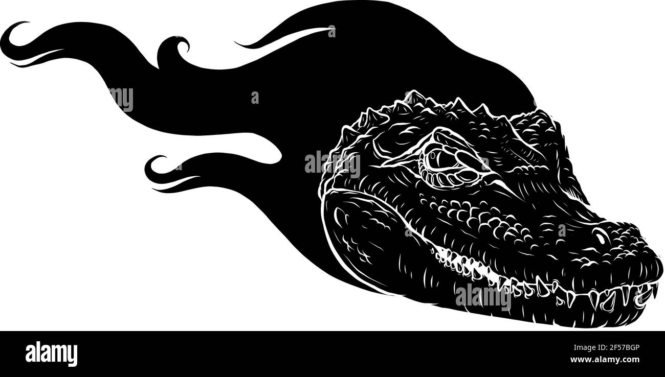 Schwarze Silhouette der Vektor-Illustration, ein wilder Alligatorkopf mit Flammen Stock Vektor