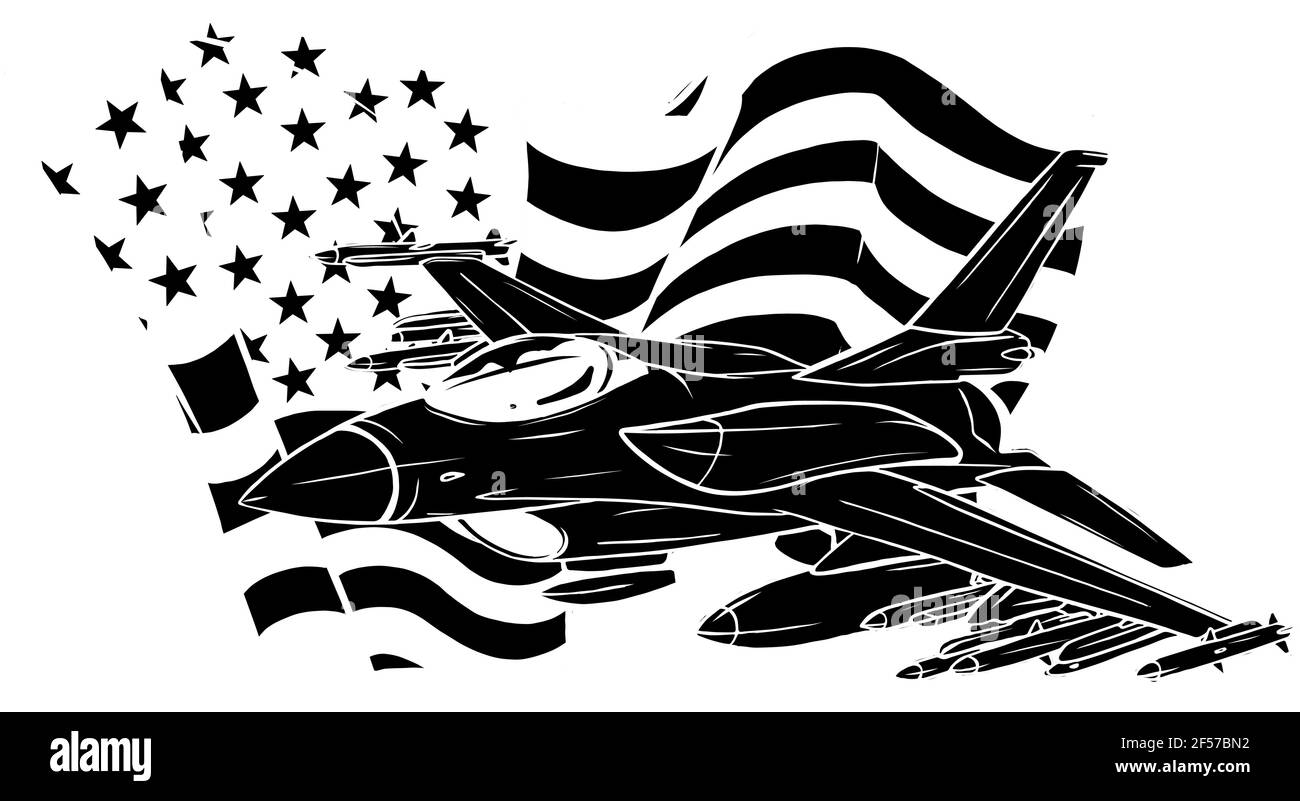 Schwarze Silhouette von militärischen Kampfjets mit amerikanischer Flagge. Vektorgrafik Stock Vektor
