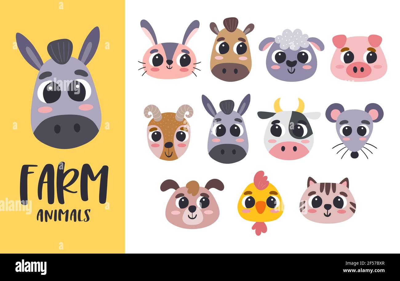 Cartoon Animal Heads Kollektion. Niedlichen Bauernhof Tierköpfe. Perfekt für Avatare, Printdesigns und Kinderaktivitäten. Vektorgrafik. Stock Vektor