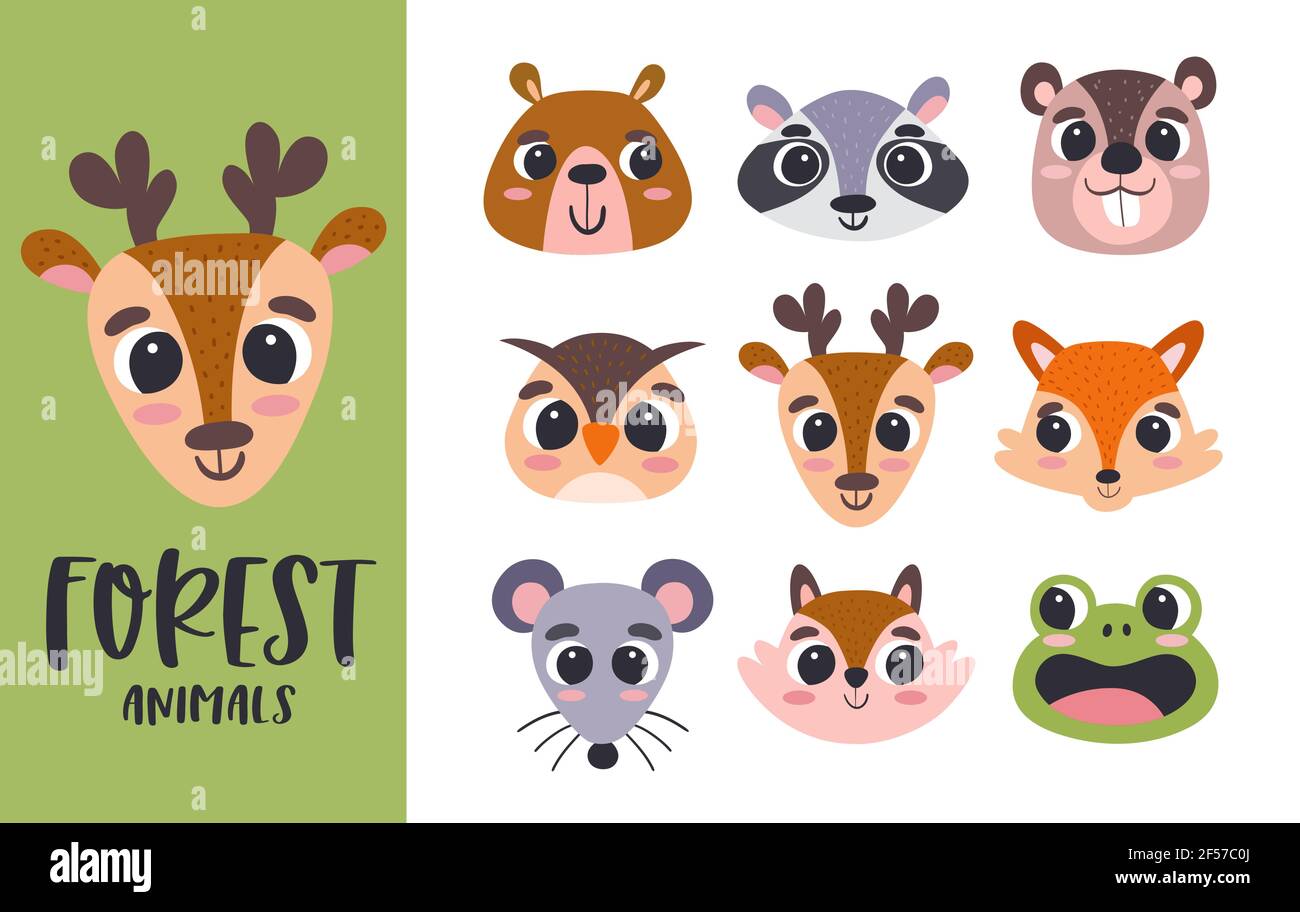 Cartoon Animal Heads Kollektion. Niedliche Wald Tierköpfe. Perfekt für Avatare, Printdesigns und Kinderaktivitäten. Vektorgrafik. Stock Vektor