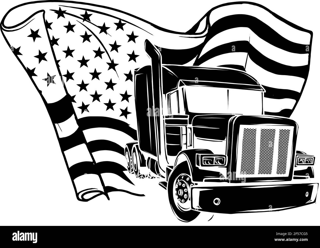 Schwarze Silhouette von Classic American Truck. Vektor-Illustration mit amerikanischer Flagge Stock Vektor