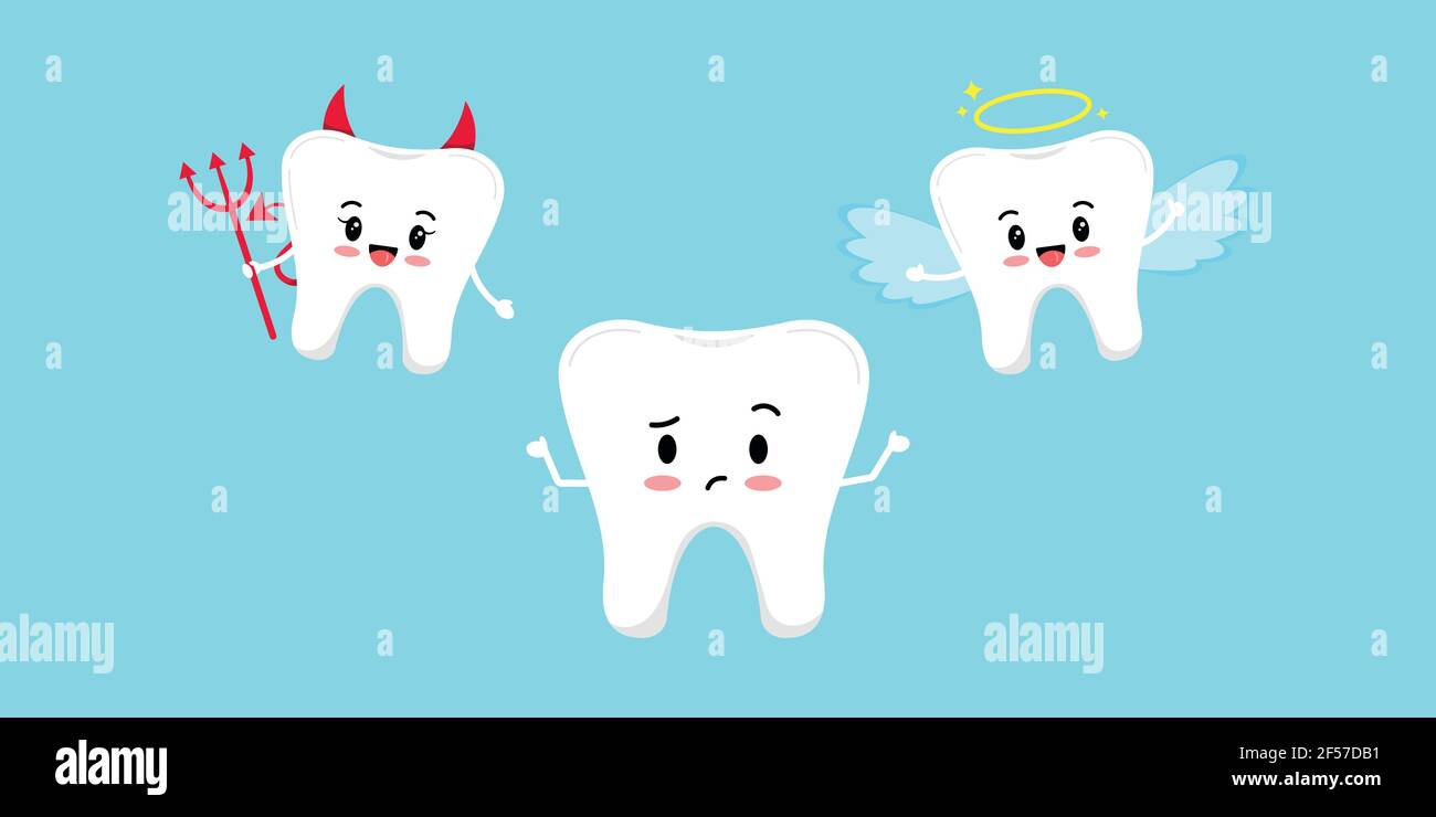 Nette Zahn verärgert denken und Teufel mit Engel auf der Schulter. Stock Vektor