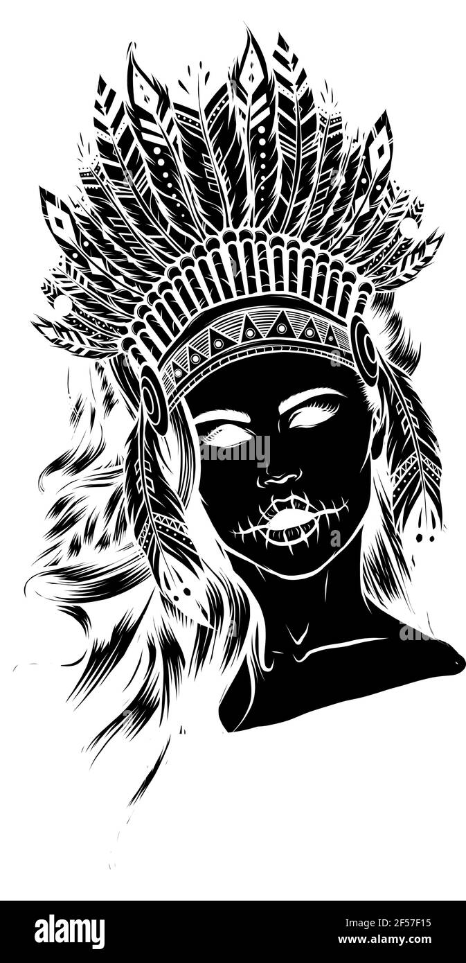 Schwarze Silhouette von schönen Mädchen in einem Kopfschmuck der nordamerikanischen Indianer. Stock Vektor