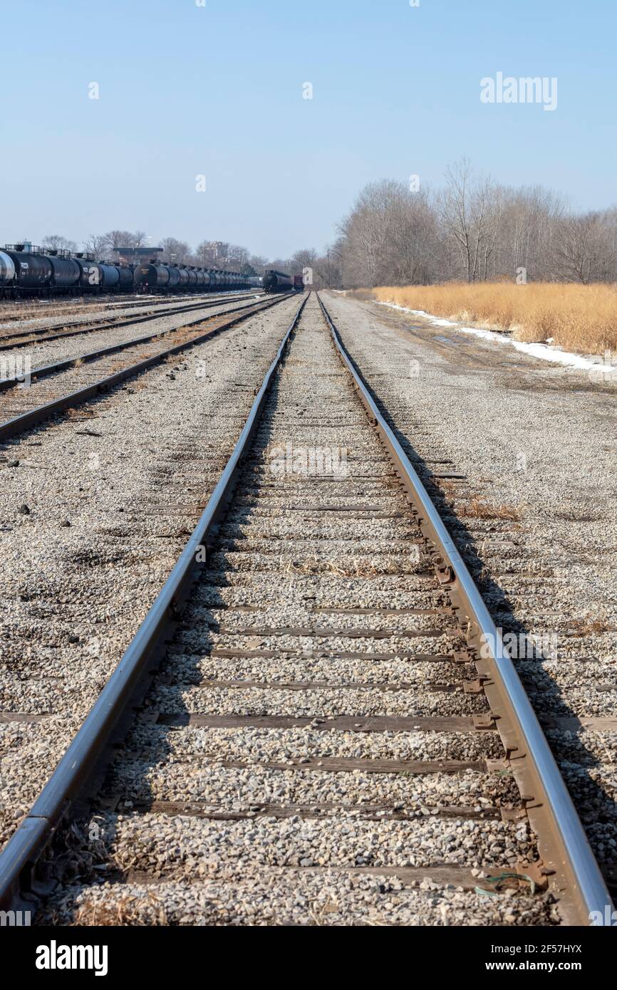 Eisenbahnwaggons und Eisenbahnschienen, Mittelwestern der USA, von James D. Coppinger/Dembinsky Photo Assoc Stockfoto