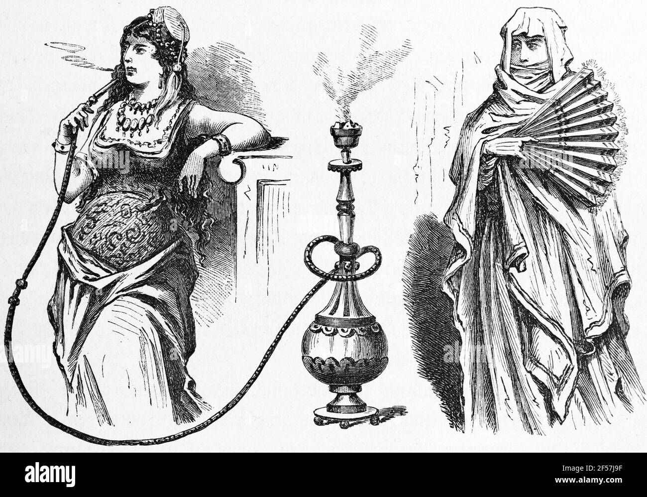Muslim aus Tiflis in zwei verschiedenen Outfits, rauchend Wasserpfeife in der Öffentlichkeit und bekleidet mit einem lokalen Kleid zu Hause, Asien, Holzstich, Wien. Leipzig 1881 Stockfoto