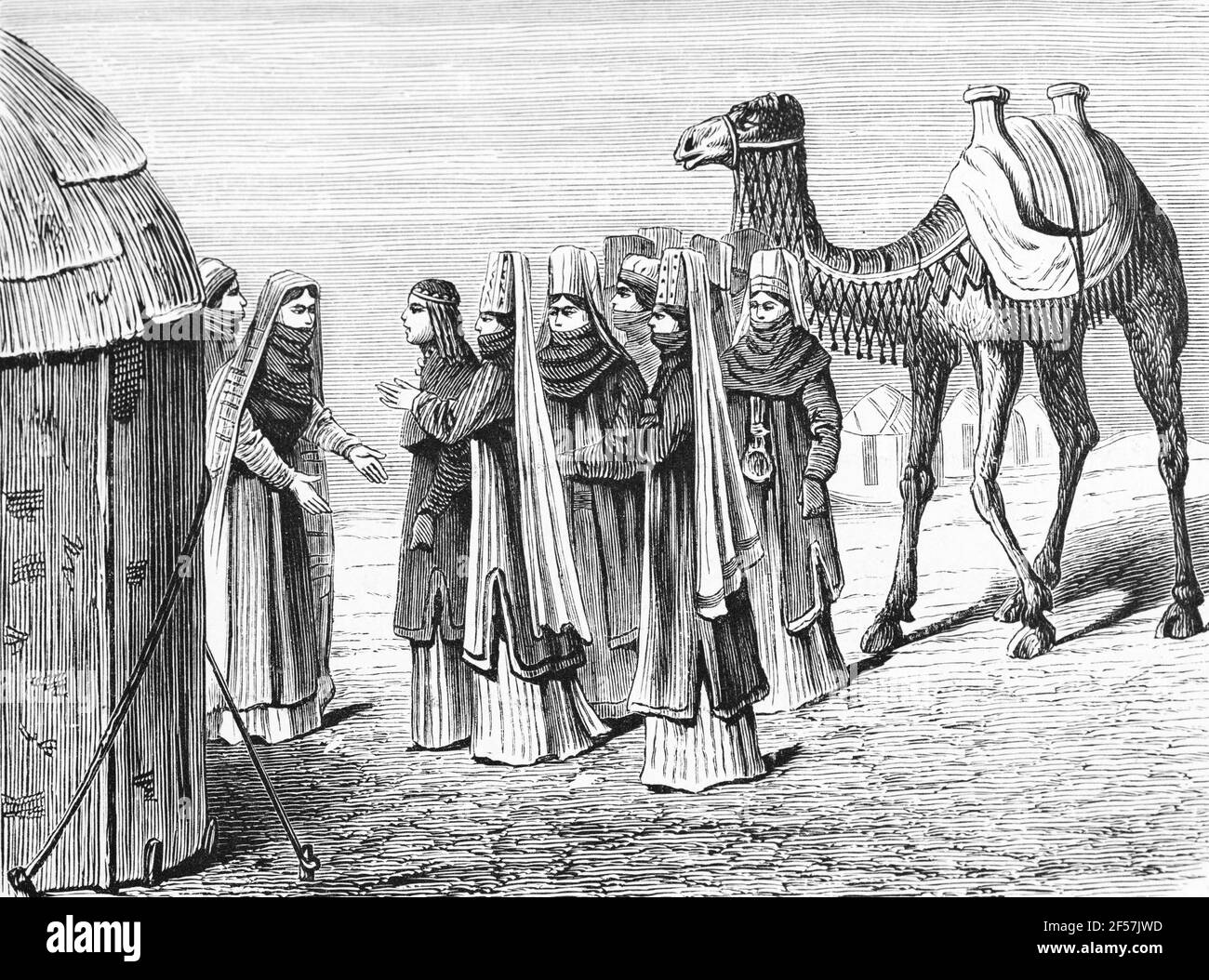 Hochzeitsfeier in Turkestan, Empfang der Braut, Turkestan, Zentralasien, Holzstich, Wien. Leipzig 1881 Stockfoto