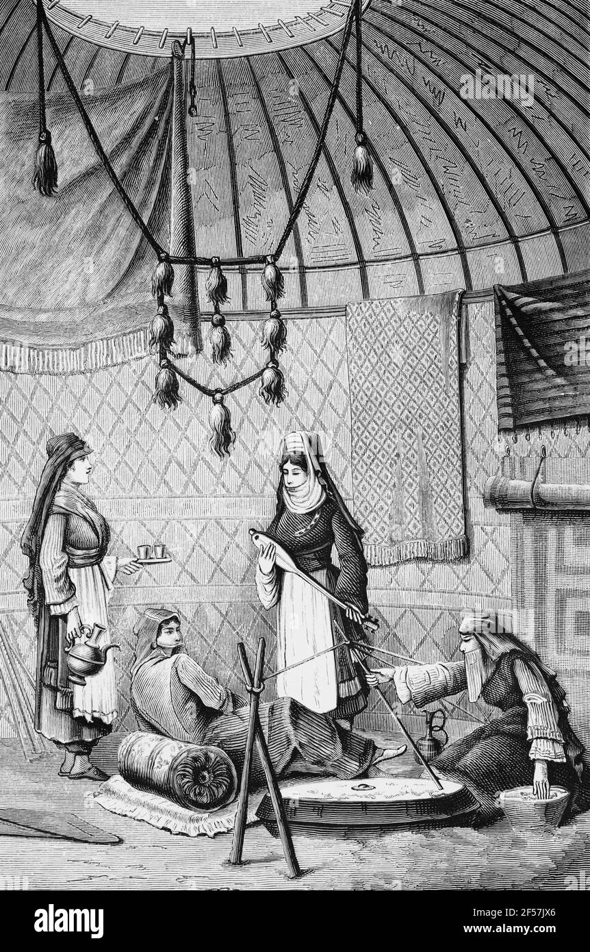 Steppenbewohner Turkmenische Frauen, die Teppiche weben, Musik machen und Tee im Zelt trinken, Turkestan, Zentralasien, Holzstich, Wien. Leipzig 1881 Stockfoto