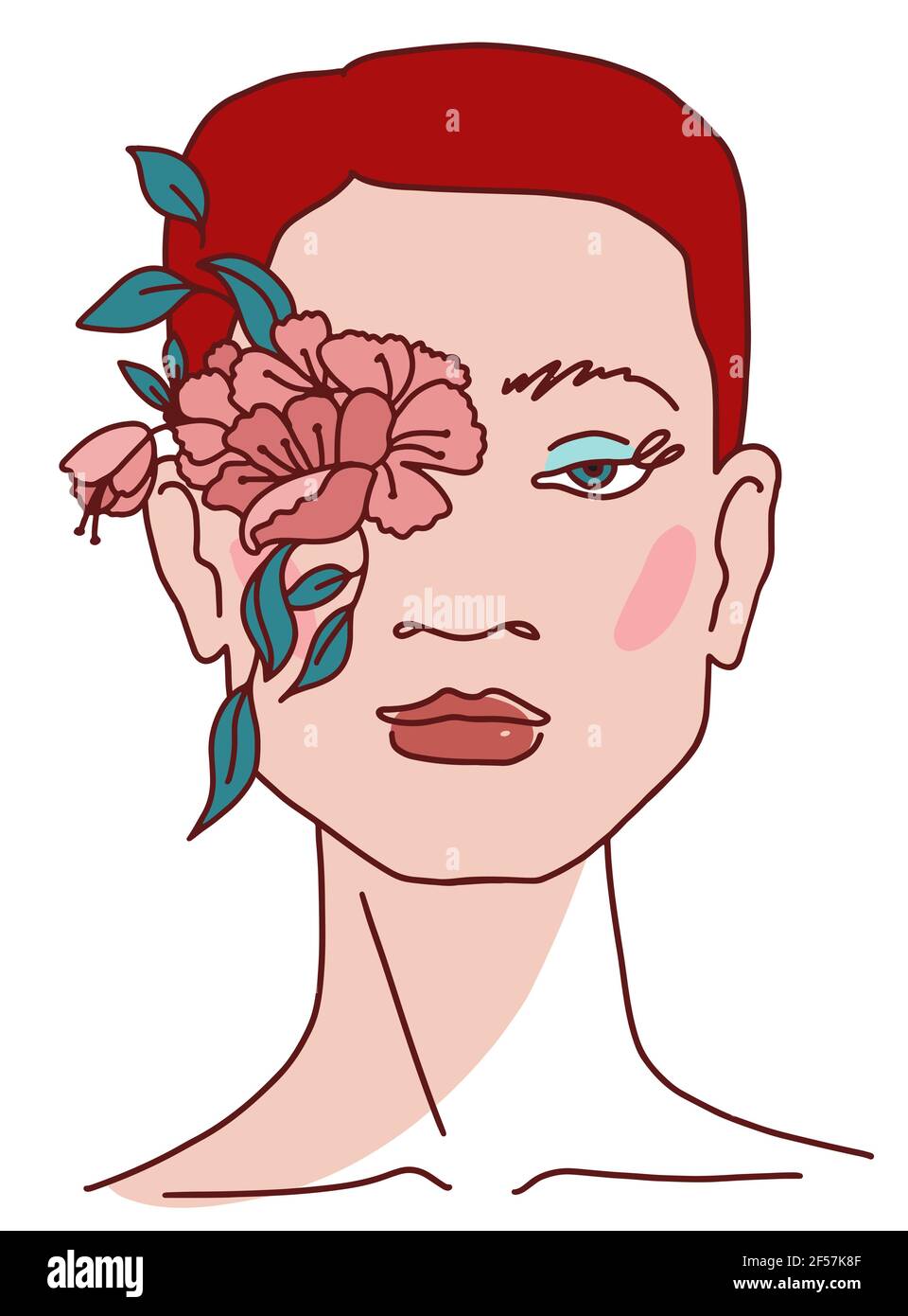 Moderne Schönheit Frau stilisierte Gesicht mit Blumen. Linienstil Vektorgrafik Stock Vektor