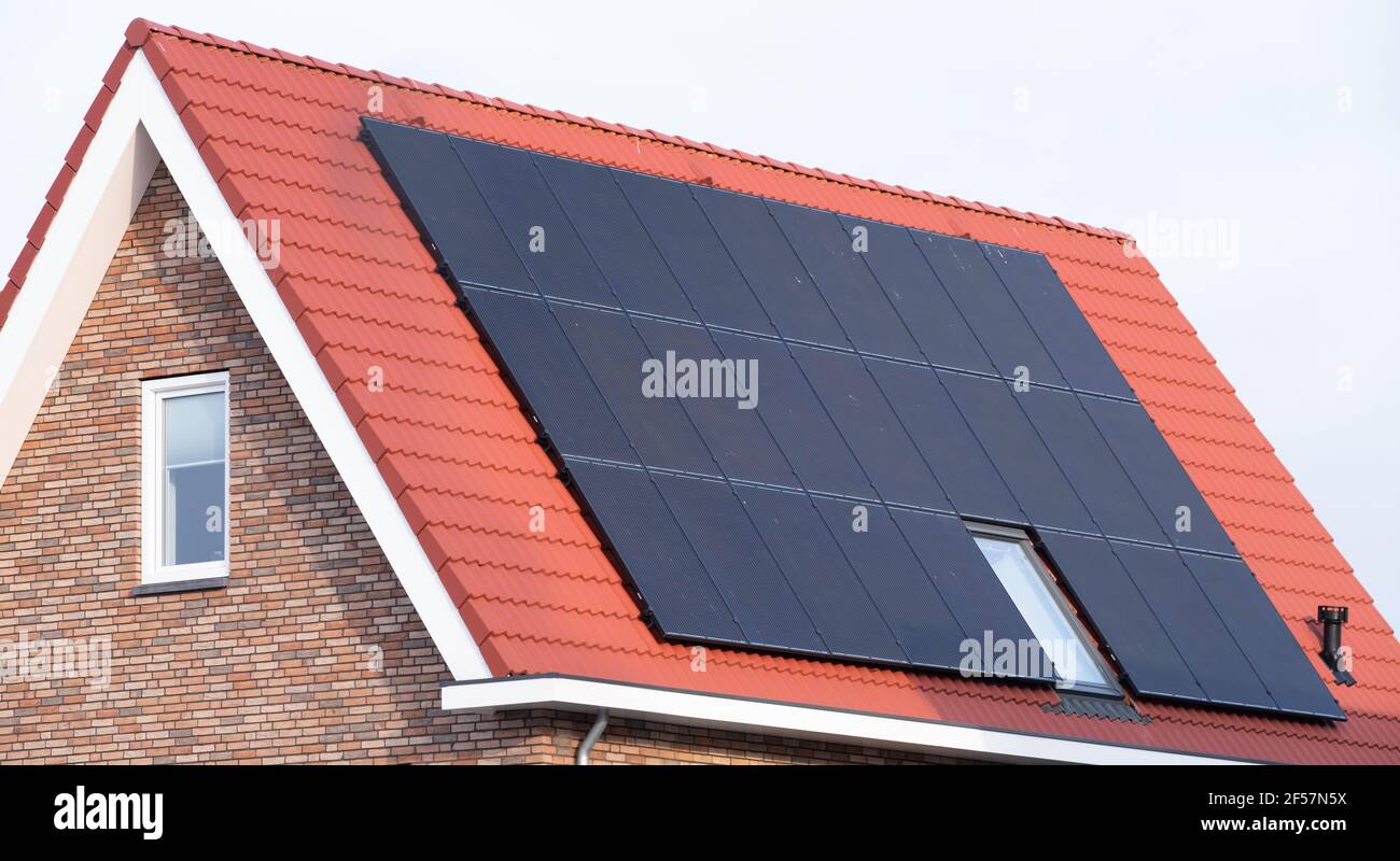 Sonnenkollektoren auf dem Dach eines modernen Neubaus mit roten Dachziegeln in Lemmer, Friesland, Niederlande mit blauem Himmel montiert. Erneuerbare Energien Stockfoto