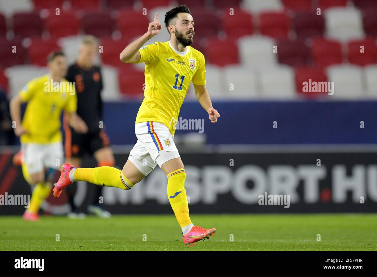 BOEDAPEST, UNGARN - MÄRZ 24: Feiern Andrei Ciobanu von Rumänien U21 während der UEFA U 21 Euro Championship Gruppenphase zwischen den Niederlanden Stockfoto