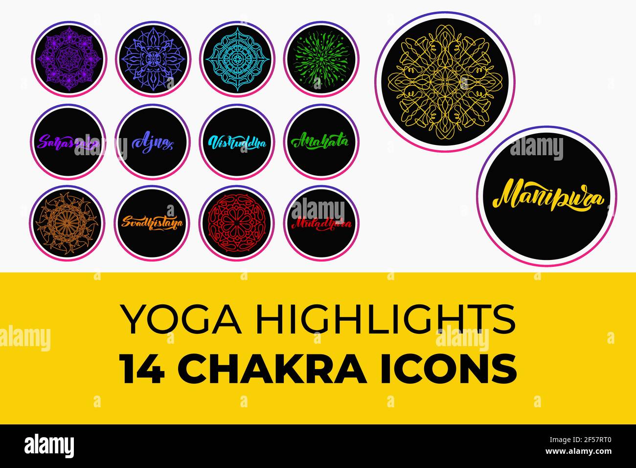 Yoga Highlight umfasst 14 Chakra Icons Set. Vektorgrafik Stock Vektor