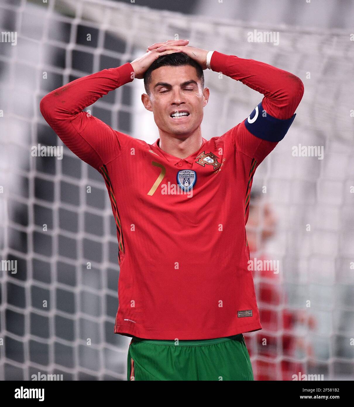 Turin Italien. Marz 2020 24th. Der Portugiesen Cristiano Ronaldo reagiert wahrend eines FIFA World Cup 2022 Qualifier Group A Spiels zwischen Portugal und Aserbaidschan in Turin Italien am 24. Marz 20...