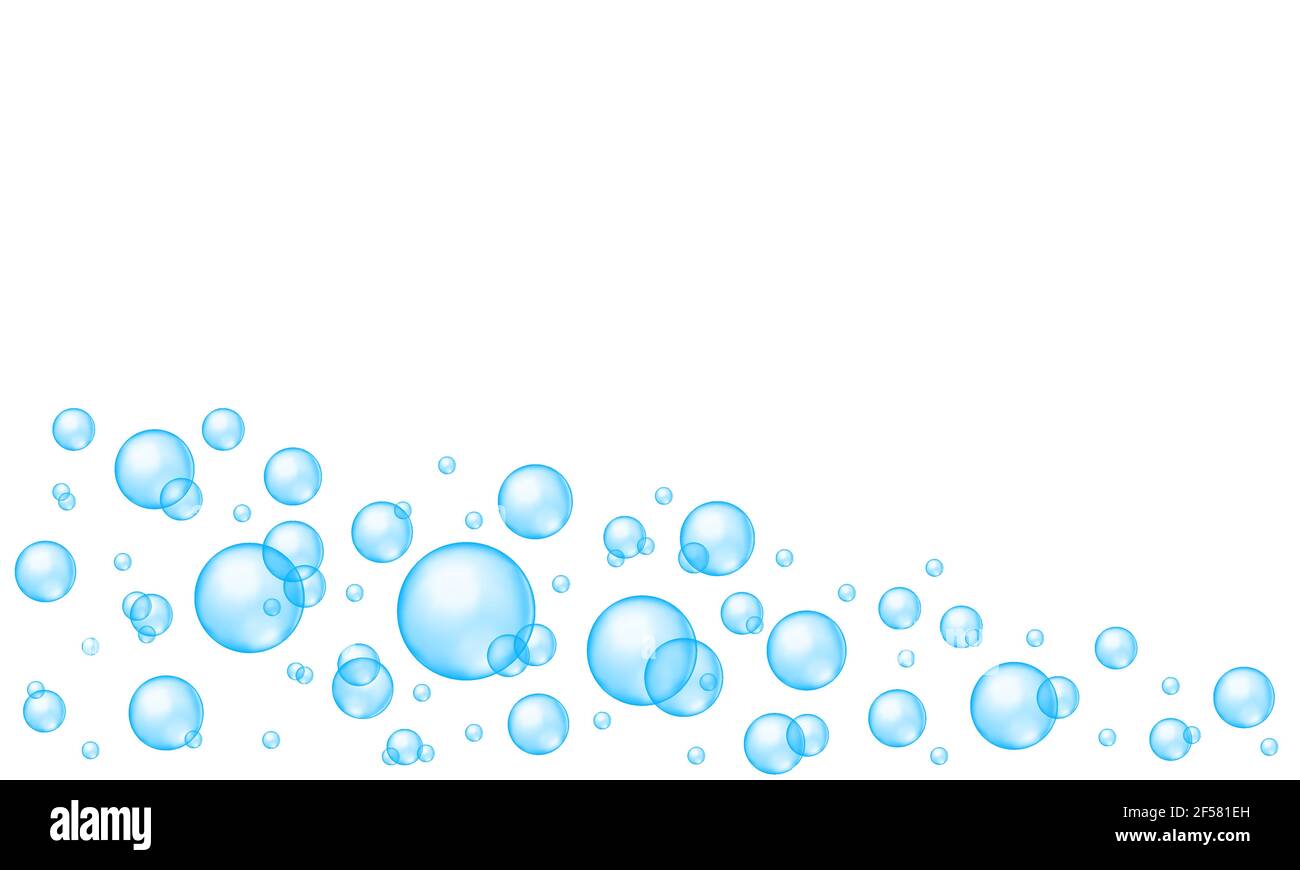 Blaue Blasen abstrakten Hintergrund mit Ort für Text. Bad sud, Aquarium oder Meerwasser Stream, Seife oder Reinigungsmittel Schaum, spritzig Wirkung. Vektor realistische Illustration. Stock Vektor
