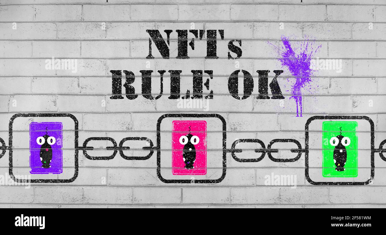 NFT nicht-fungible Token Graffiti an der Wand Blockchain-Technologie, um einzigartige digitale Objekte für Krypto-Kunst, Krypto-Sammlerstücke und Krypto-Gaming zu erstellen. Stockfoto