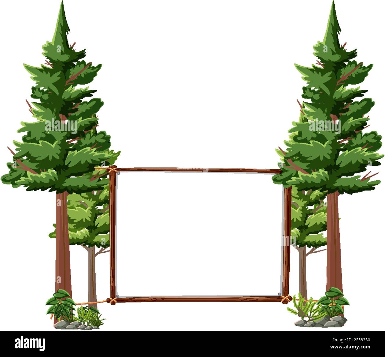 Leeres Banner mit großen Bäumen auf weißem Hintergrund Illustration Stock Vektor