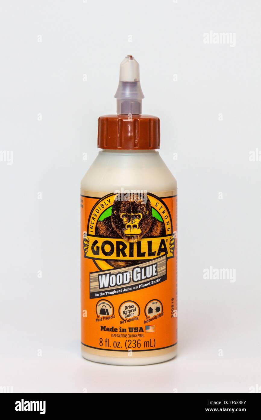 ST. PAUL, MN, USA - 6. MÄRZ 2021 - Gorilla Wood Glue Produktpaket und Markenlogo. Stockfoto