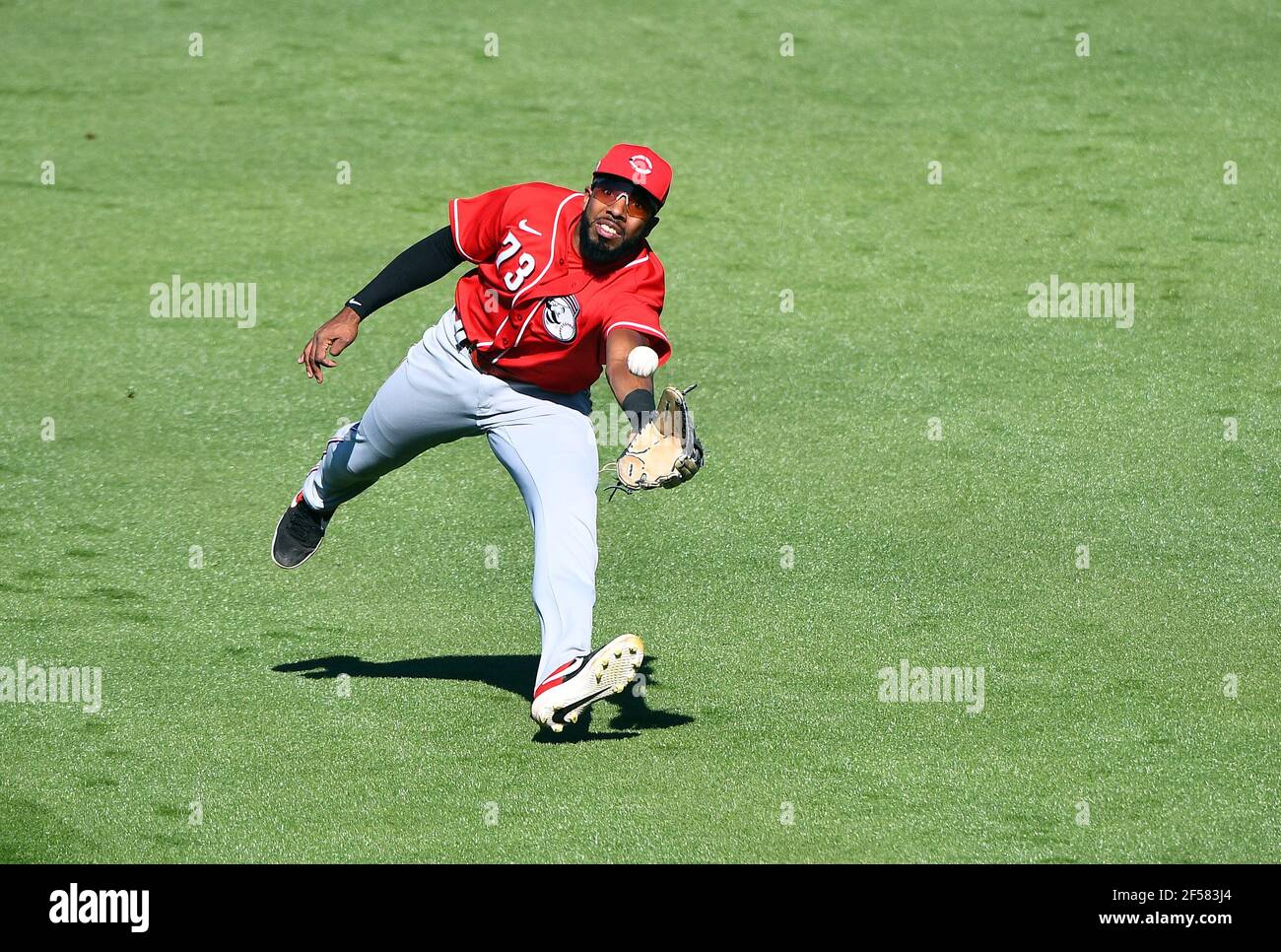 Narciso Crook von den Cincinnati Reds spielt während eines MLB-Frühjahrstrainings im Goodyear Stadium am 28. Februar 2021 in Goodyear, AZ. (Chris Bernacci/Image of Sport) Stockfoto